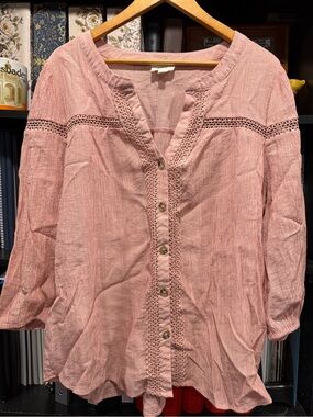 Women's Pink Crochet-Trim Button Front Blouse